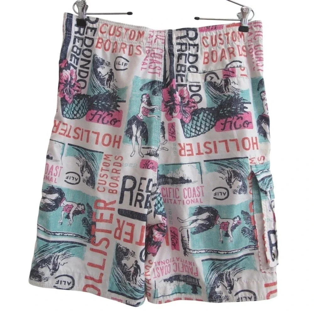 Hollister Mens White Hawaiian Hula‎ Girl Board Shorts Swim Trunks Surf M Retro